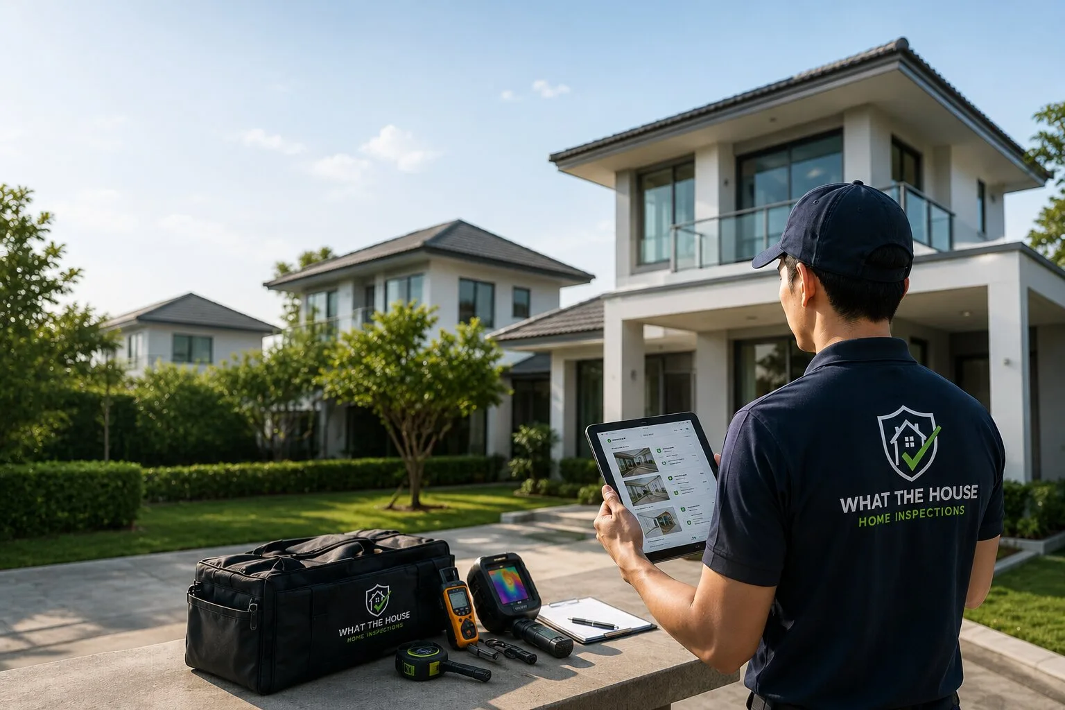 ช่างตรวจบ้าน WHAT THE HOUSE ถือแท็บเล็ตพร้อมอุปกรณ์ตรวจหน้าบ้าน — WHAT THE HOUSE inspector with tablet and equipment in front of a home